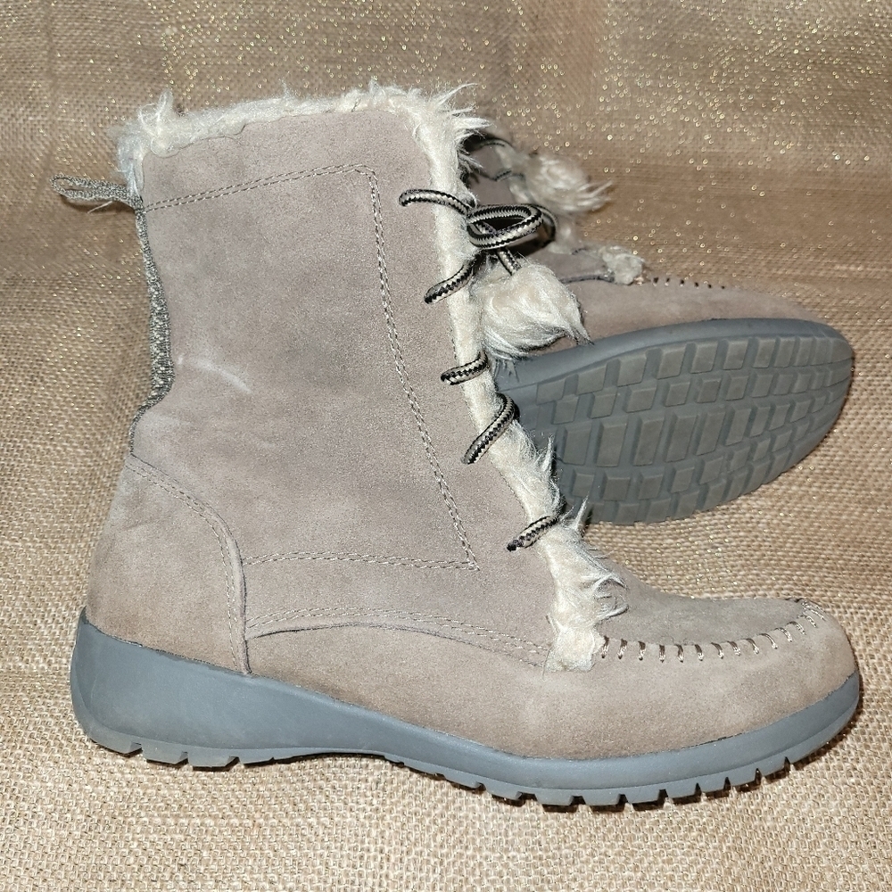 Women's‎ Sz 7 Brown/ Tan  Sporto Lace Up Mid Calf Boots Leather/ Faux Fur Lining